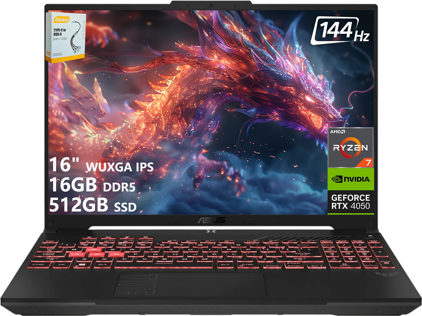 ASUS TUF A16 Gaming Laptop | 16" WUXGA IPS 144Hz | AMD 6-Core Ryzen 7 7445HS | 16GB DDR5 512GB SSD | NVIDIA GeForce RTX 4050 (194 AI Tops) | Backlit Keyboard USB 4 Wi-Fi 6 Win11 w/DLCA Accessory