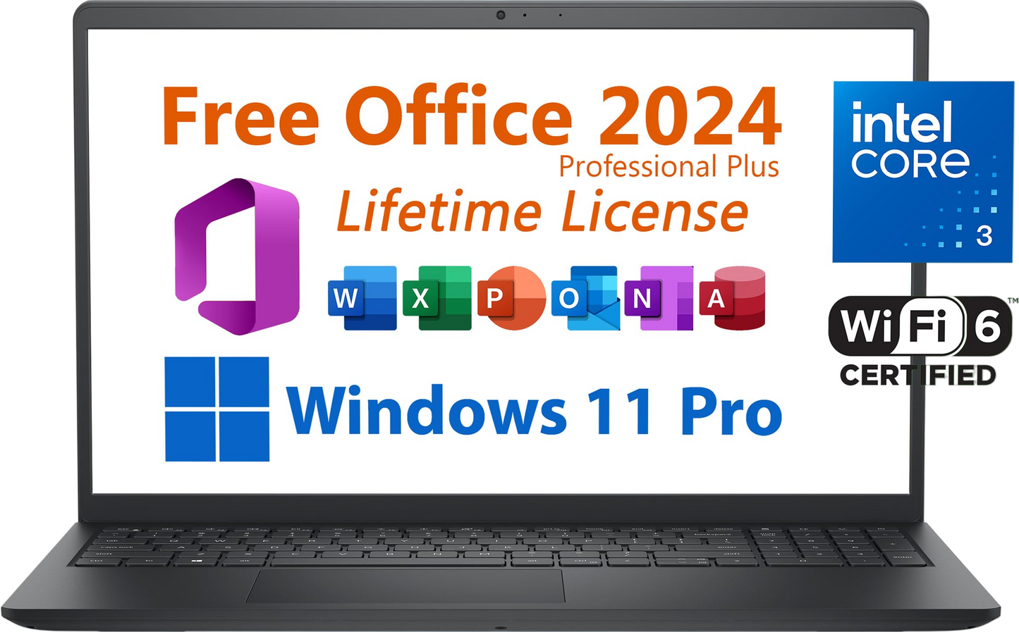 Dell 2025 Inspiron 15 Business Laptop, Free Microsoft Office 2024 Lifetime License, 15.6 FHD, Intel 6-Core Core 3 100U 4.7 GHz, 8GB RAM, 256GB PCIe SSD, Windows 11 Pro, Toree Wireless Earbuds