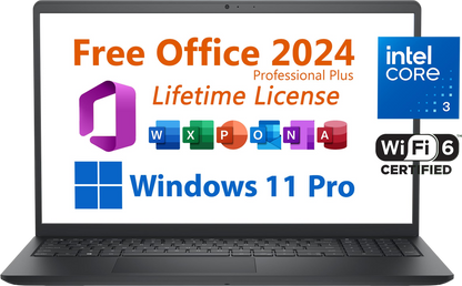 Dell 2025 Inspiron 15 Business Laptop, Free Microsoft Office 2024 Lifetime License, 15.6 FHD, Intel 6-Core Core 3 100U 4.7 GHz, 8GB RAM, 256GB PCIe SSD, Windows 11 Pro, Toree Wireless Earbuds