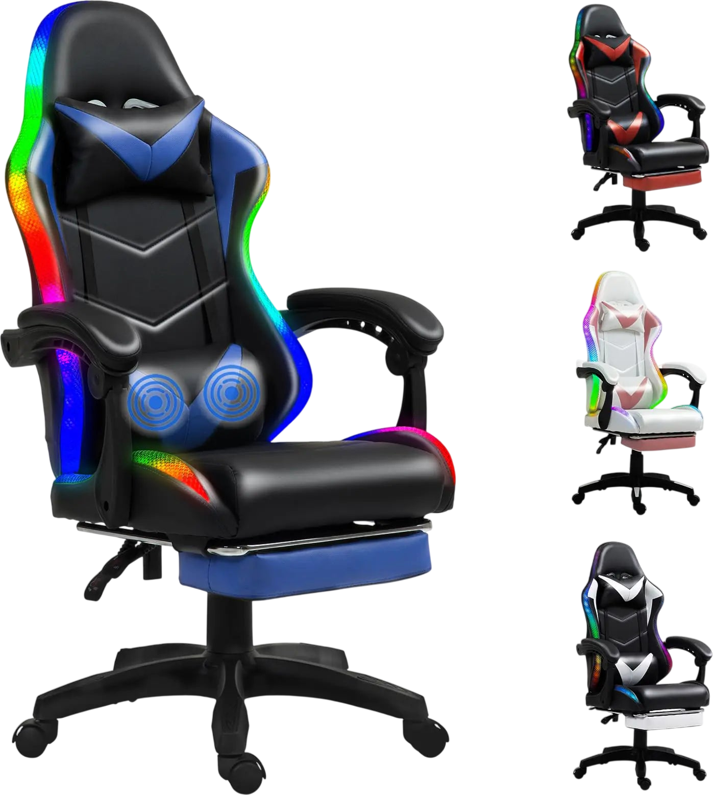 Czlolo RGB LED Lights Gaming Chair with Footrest for Adults and Kids Lumbar Support Massager Video Game Chair High Back Reclining Gamer Chair with Headrest 360° Swivel Computer Chair (Blue)