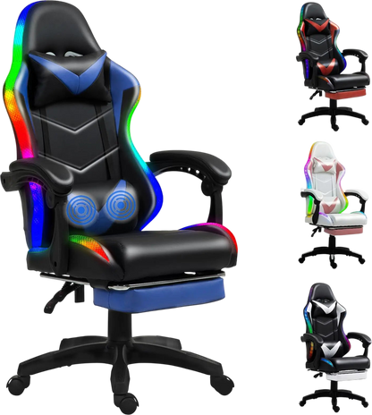 Czlolo RGB LED Lights Gaming Chair with Footrest for Adults and Kids Lumbar Support Massager Video Game Chair High Back Reclining Gamer Chair with Headrest 360° Swivel Computer Chair (Blue)