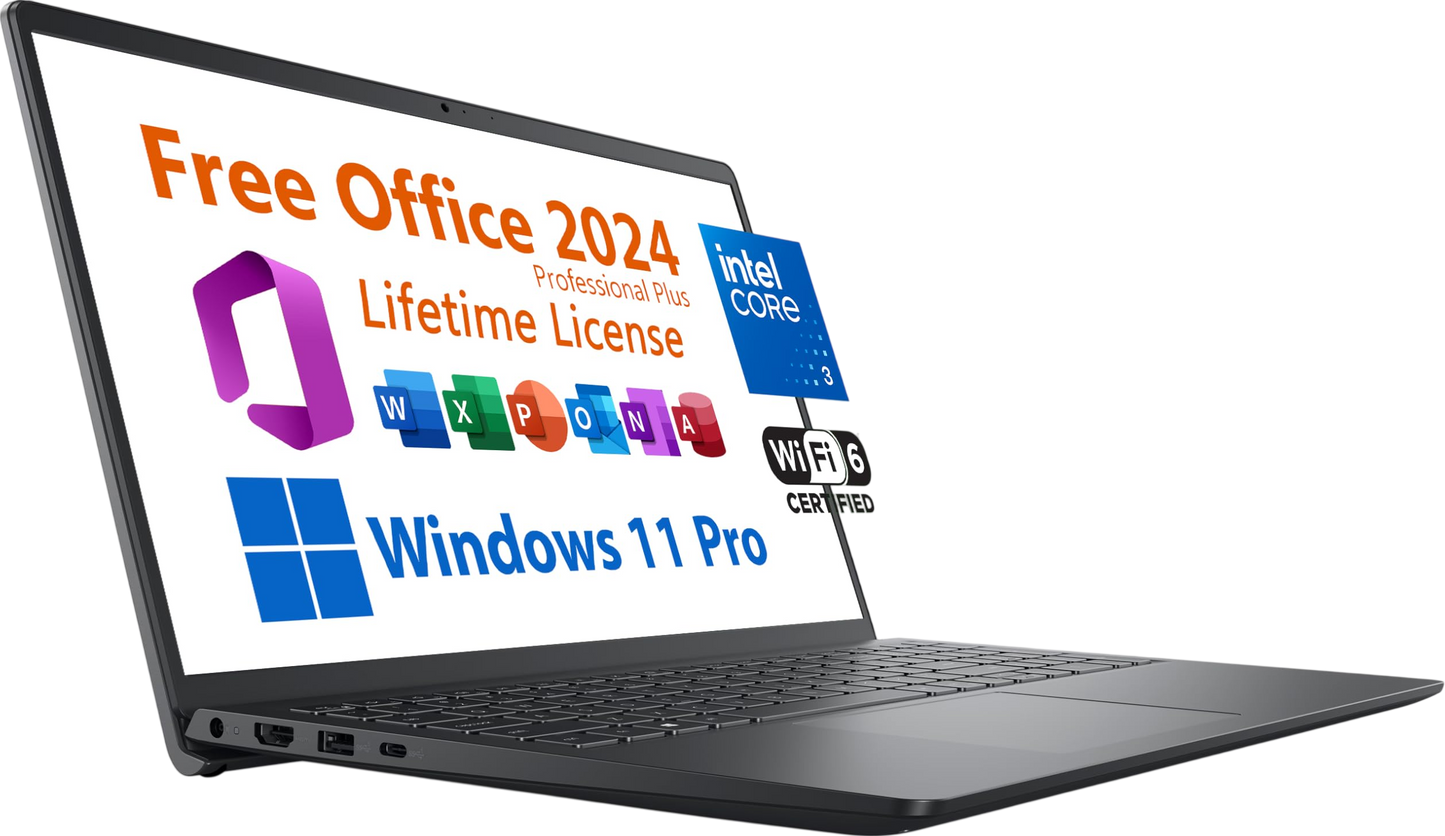 Dell 2025 Inspiron 15 Business Laptop, Free Microsoft Office 2024 Lifetime License, 15.6 FHD, Intel 6-Core Core 3 100U 4.7 GHz, 8GB RAM, 256GB PCIe SSD, Windows 11 Pro, Toree Wireless Earbuds