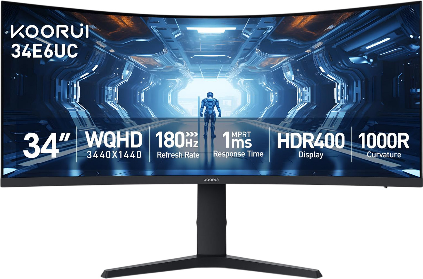 KOORUI 34-inch Curved Ultrawide WQHD 3440×1440 Gaming Monitor, 180Hz 1000R- PIP/PBP, 1ms(MPRT), HDR400, DCI-P3 95%, FreeSync Premium, 1 x DP 1.4 & 2 x HDMI 2.0, Tilt Height Swivel Adjustment, 34E6UC