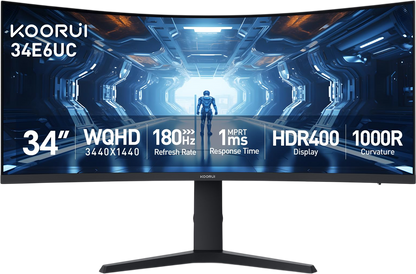 KOORUI 34-inch Curved Ultrawide WQHD 3440×1440 Gaming Monitor, 180Hz 1000R- PIP/PBP, 1ms(MPRT), HDR400, DCI-P3 95%, FreeSync Premium, 1 x DP 1.4 & 2 x HDMI 2.0, Tilt Height Swivel Adjustment, 34E6UC