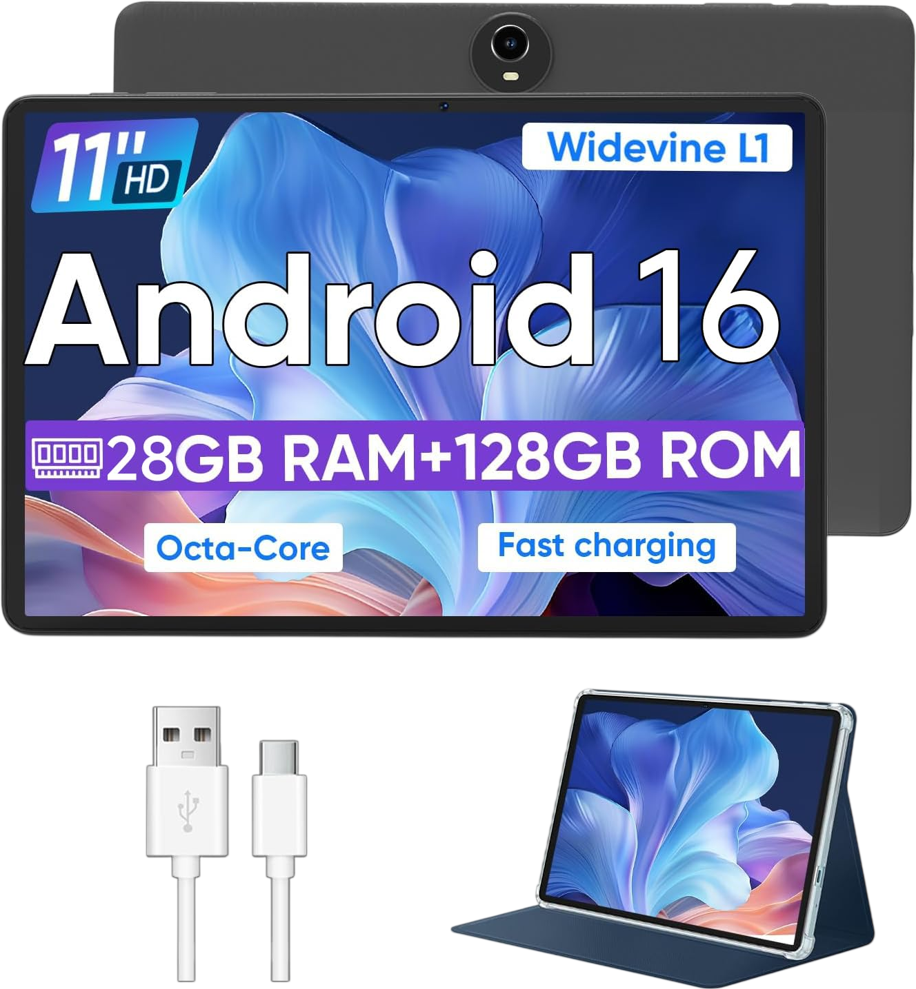 WXUNJA Android 16 Tablet,11 Inch Tablets with Octa Core Processor, 28GB RAM 128GB ROM 1TB Expand, Widevine L1, 8000mAh Battery, 2.4/5Ghz Dual WiFi/GPS/FM, 5/8MP Cameras, Case Included, Black