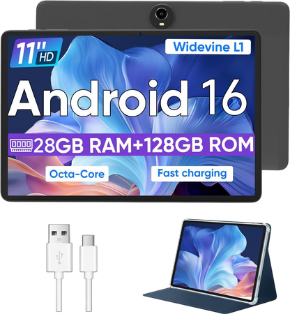 WXUNJA Android 16 Tablet,11 Inch Tablets with Octa Core Processor, 28GB RAM 128GB ROM 1TB Expand, Widevine L1, 8000mAh Battery, 2.4/5Ghz Dual WiFi/GPS/FM, 5/8MP Cameras, Case Included, Black