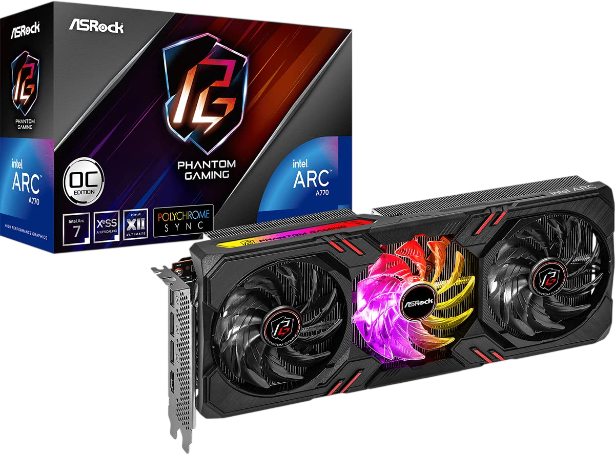 ASRock Intel Arc A770 Graphics Phantom Gaming 16G OC 2200 MHz 17.5 Gbps 256-bit GDDR6 7680x4320 DisplayPort HDMI 0dB Silent Cooling Video Card