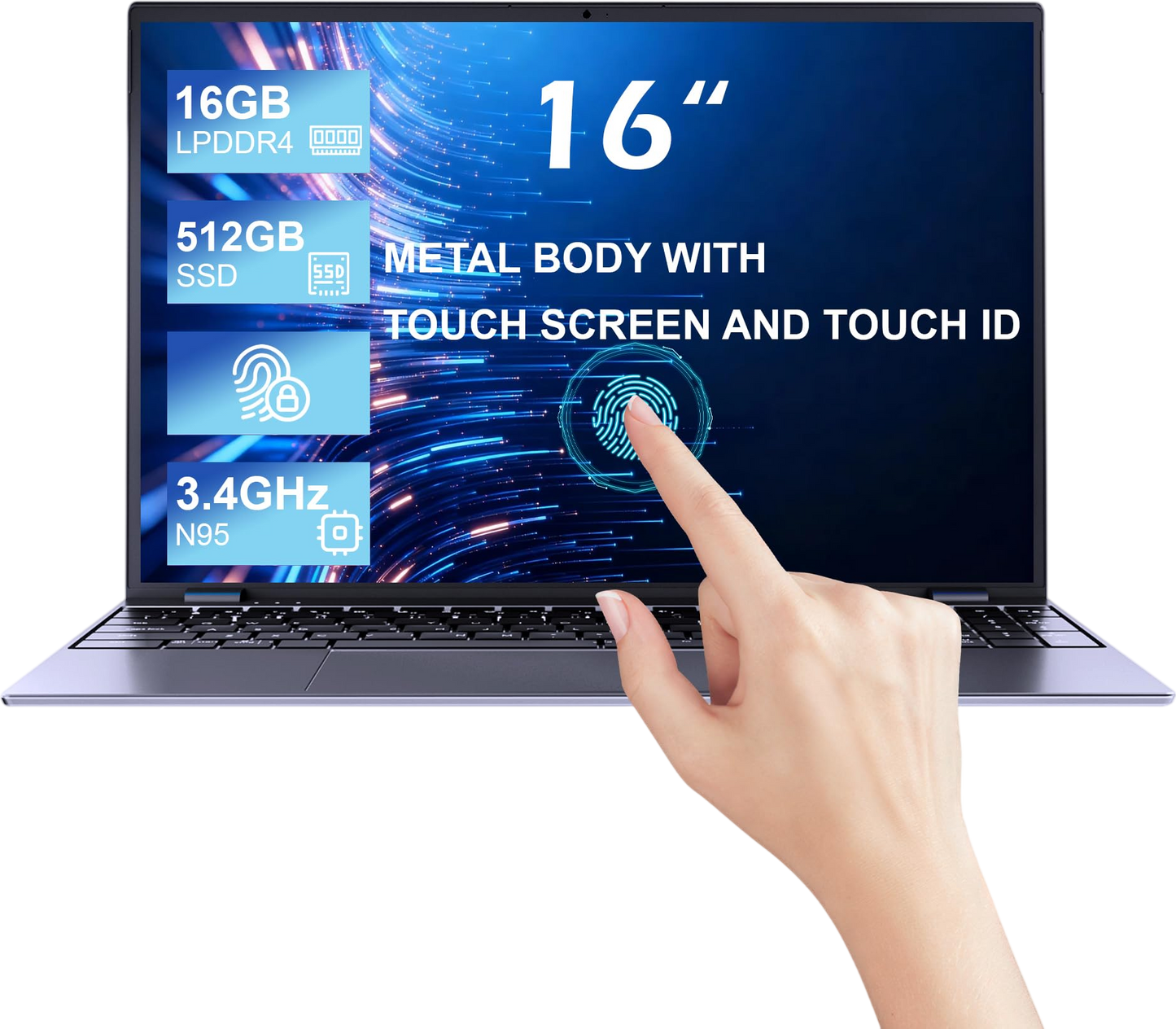 16 inch Touchscreen Laptop,Laptop Computer with Quad Core N95 Processor (Up to 3.4GHz),16GB RAM 512GB SSD Storage,Backlit Keyboard, Fingerprint Reader, BT5.2, WiFi 6 ,Thin & Light,Metal Body,Gray