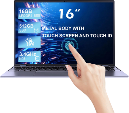 16 inch Touchscreen Laptop,Laptop Computer with Quad Core N95 Processor (Up to 3.4GHz),16GB RAM 512GB SSD Storage,Backlit Keyboard, Fingerprint Reader, BT5.2, WiFi 6 ,Thin & Light,Metal Body,Gray