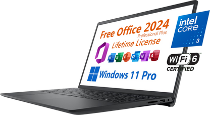 Dell 2025 Inspiron 15 Business Laptop, Free Microsoft Office 2024 Lifetime License, 15.6 FHD, Intel 6-Core Core 3 100U 4.7 GHz, 8GB RAM, 256GB PCIe SSD, Windows 11 Pro, Toree Wireless Earbuds