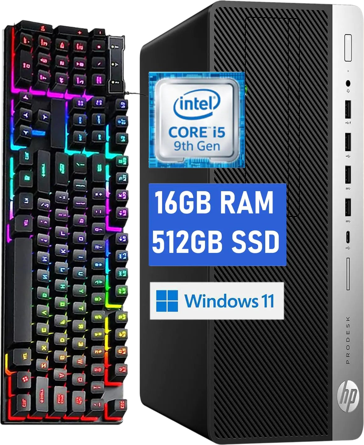HP ProDesk 600G5 SFF Desktop Computer PC 600G5 Computer Core 9th 16GB RAM 512GB Solid State Drive RGB Keyboard Internal WiFi Windows11