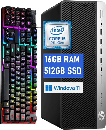 HP ProDesk 600G5 SFF Desktop Computer PC 600G5 Computer Core 9th 16GB RAM 512GB Solid State Drive RGB Keyboard Internal WiFi Windows11