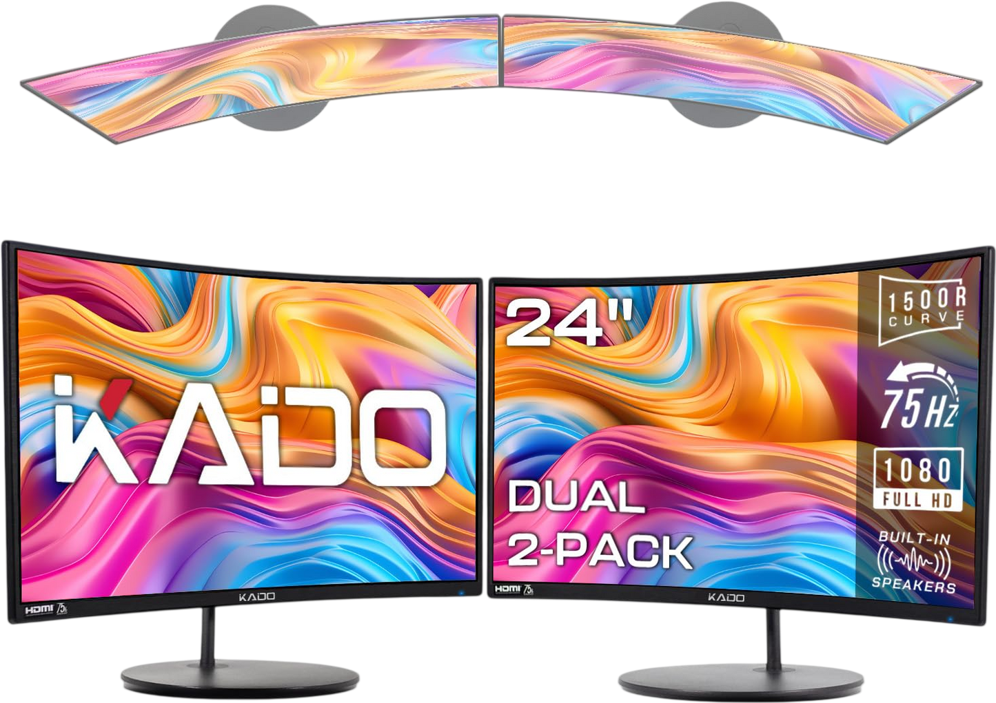 Kado Dual Monitor Setup - 2-Pack 24" Curved 1920x1080 Computer Monitor 1500R 75Hz VESA Mount HDMI Office Gaming Hybrid Built-in Speakers (C24X Dual Series)