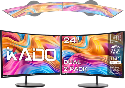 Kado Dual Monitor Setup - 2-Pack 24" Curved 1920x1080 Computer Monitor 1500R 75Hz VESA Mount HDMI Office Gaming Hybrid Built-in Speakers (C24X Dual Series)