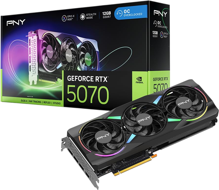 PNY NVIDIA GeForce RTX™ 5070 Epic-X™ ARGB OC Triple Fan, Graphics Card (12GB GDDR7, 192-bit, Boost Speed: 2685 MHz, SFF-Ready, PCIe® 5.0, HDMI®/DP 2.1, 2.4-Slot, Blackwell Architecture, DLSS 4)