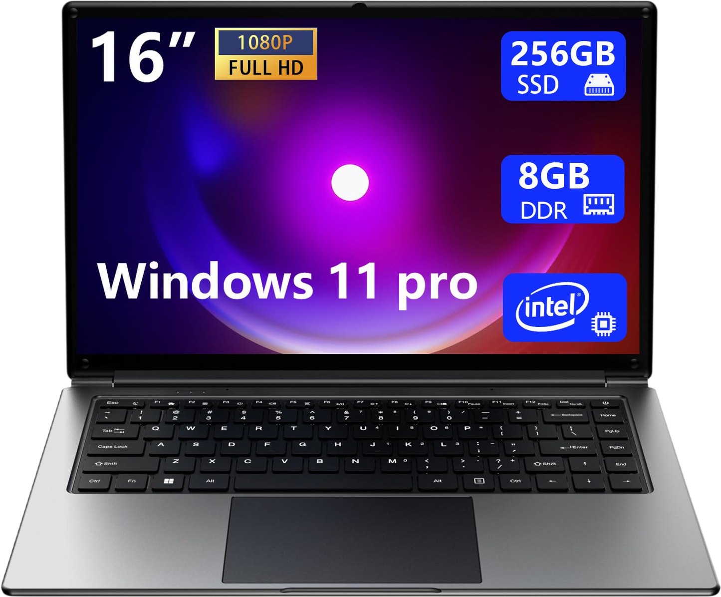laptop 16-inch , 8GB DDR 256GB SSD portable laptop computer, expandable to 1TB, Pentium quad-core CPU up to 2.64 GHz, 9000mAh battery, interface, USB3.0 interface, dual-band WiFi, webcam, slim laptops