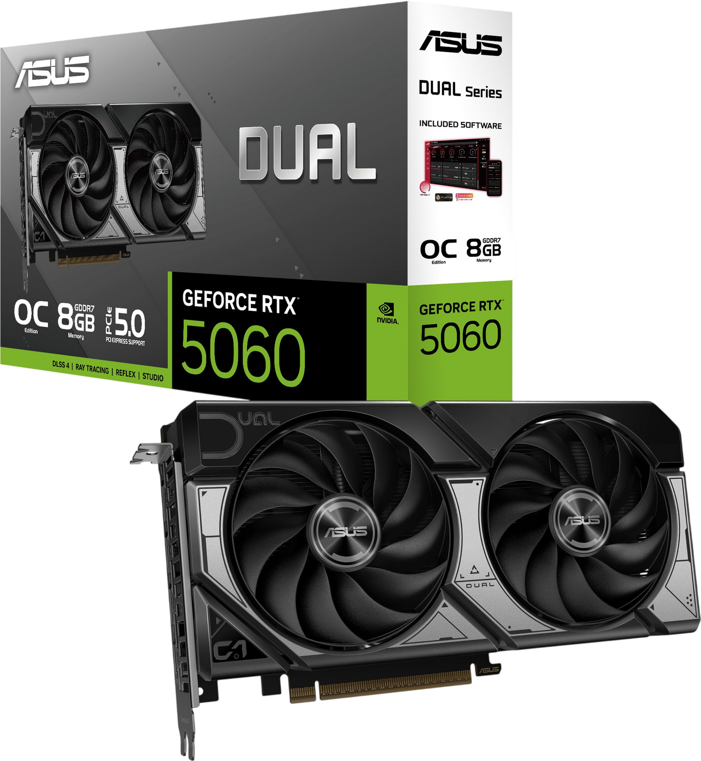 ASUS Dual GeForce RTX™ 5060 8GB GDDR7 OC Edition (PCIe 5.0, 8GB GDDR7, DLSS 4, HDMI 2.1b, DisplayPort 2.1b, 2.5-Slot Design, Axial-tech Fan Design, 0dB Technology, and More)