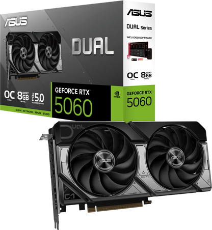 ASUS Dual GeForce RTX™ 5060 8GB GDDR7 OC Edition (PCIe 5.0, 8GB GDDR7, DLSS 4, HDMI 2.1b, DisplayPort 2.1b, 2.5-Slot Design, Axial-tech Fan Design, 0dB Technology, and More)