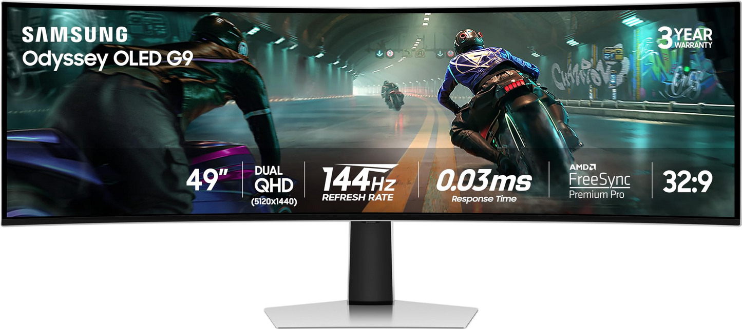 Samsung 49" Odyssey OLED G9 (G91SD) Dual QHD QD-OLED G-Sync Compatible Curved Gaming Monitor, 144Hz, 0.03ms, AMD FreeSync Premium Pro, Ergonomic Stand, 3 Year Warranty, LS49DG910SNXZA, 2024