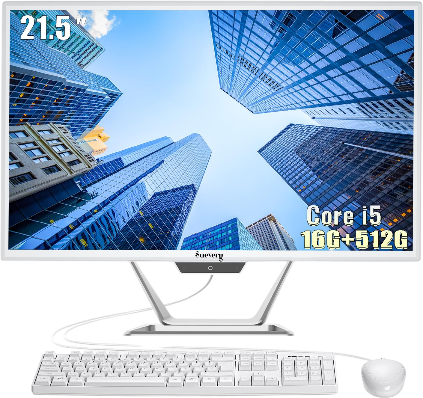 suevery All-in-One PC 21.5 AIO Desktop Computer Core I5, 512G SSD, DDR4 16G RAM, HD Webcam, Wi-Fi6, 1080P Gaming All in One 22" FHD Business Display for Home Office with Keyboard & Mouse