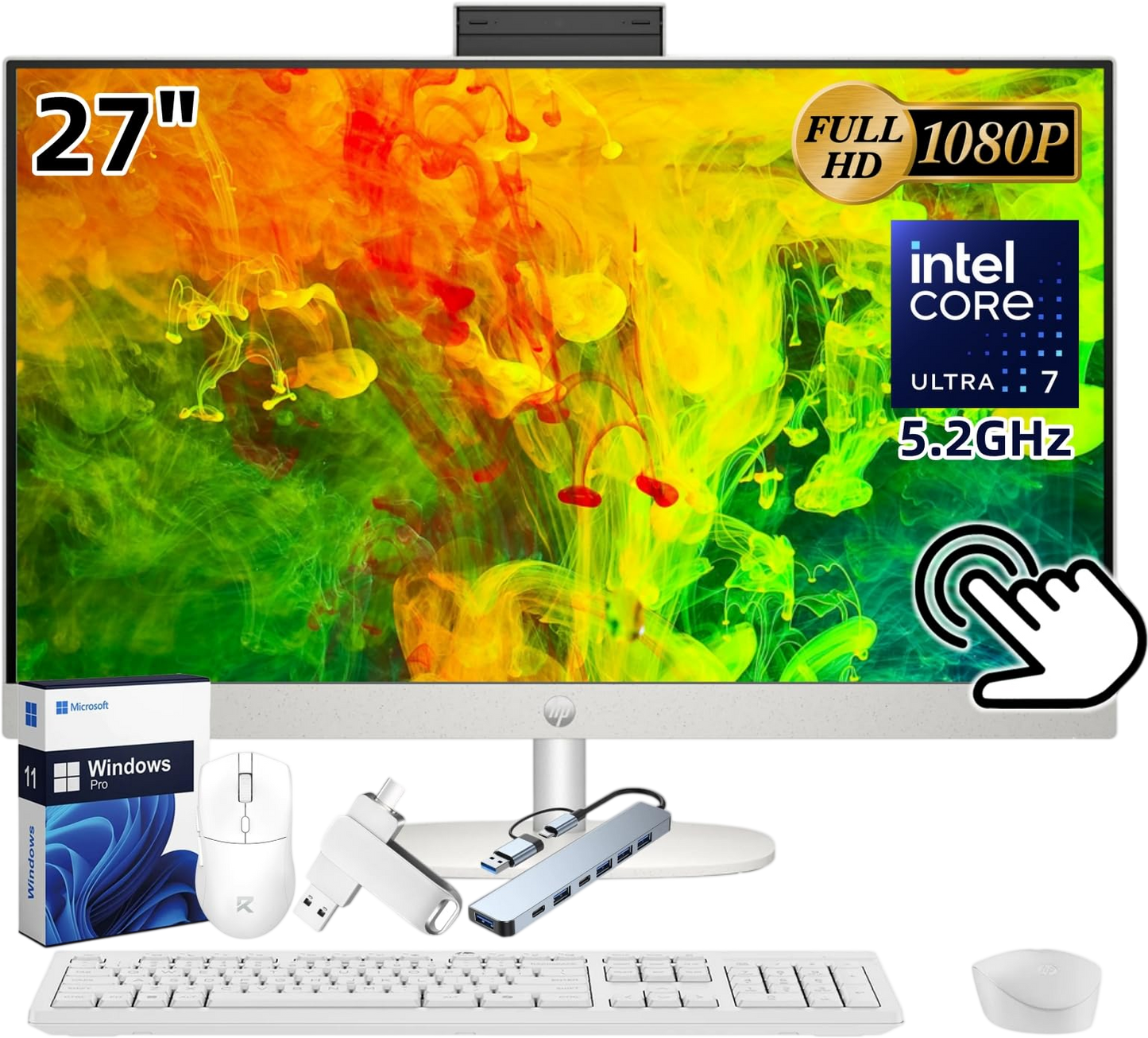 HP 27" All-in-One Touchscreen Desktop PC 2025 New, Intel Ultra 7 255U (Up to 5.2GHz), Intel AI Boost, 27 inch FHD Touchscreen Anti-Glare Display, 32 GB DDR5 5600MT/s, 2 TB Gen4 SSD, Windows 11 Pro