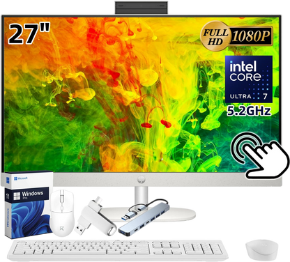 HP 27" All-in-One Touchscreen Desktop PC 2025 New, Intel Ultra 7 255U (Up to 5.2GHz), Intel AI Boost, 27 inch FHD Touchscreen Anti-Glare Display, 32 GB DDR5 5600MT/s, 2 TB Gen4 SSD, Windows 11 Pro