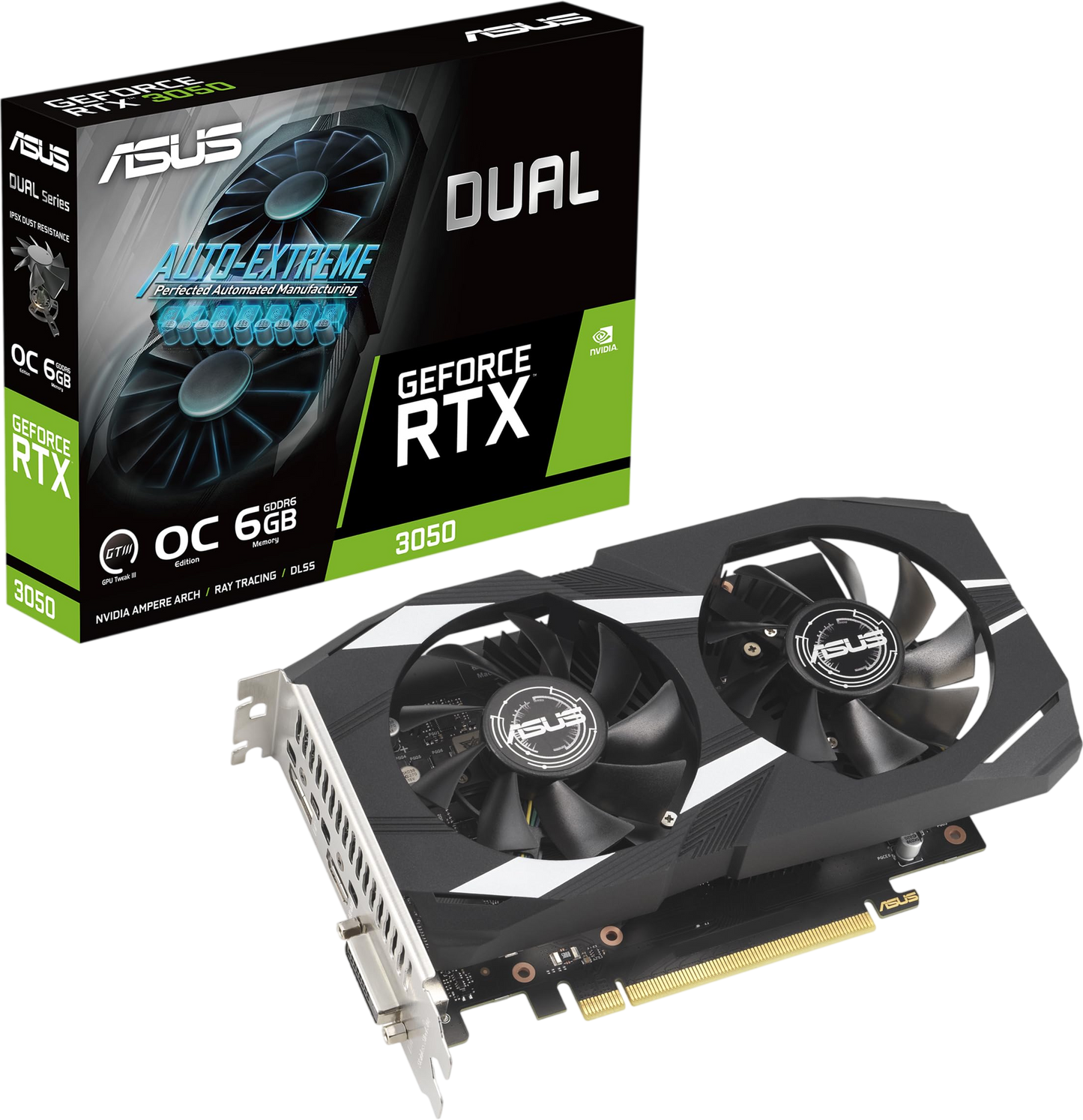 ASUS Dual NVIDIA GeForce RTX 3050 6GB OC Edition Gaming Graphics Card - PCIe 4.0, 6GB GDDR6 Memory, HDMI 2.1, DisplayPort 1.4a, 2-Slot Design, Axial-tech Fan Design, 0dB Technology, Steel Bracket