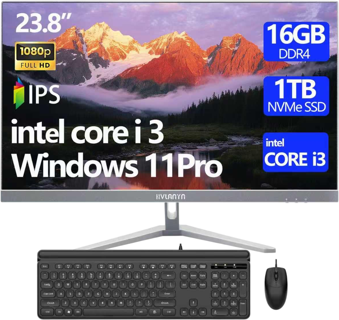 HVLANYN 23.8-Inch Fhd All-in-One Desktop Compute,Core i3 16GB DDR4 RAM,1TB PCIe SSD,1920x1080 FHD Display, WiFi, Bluetooth,Mouse and Keyboard Include,with 1-Year Warrant