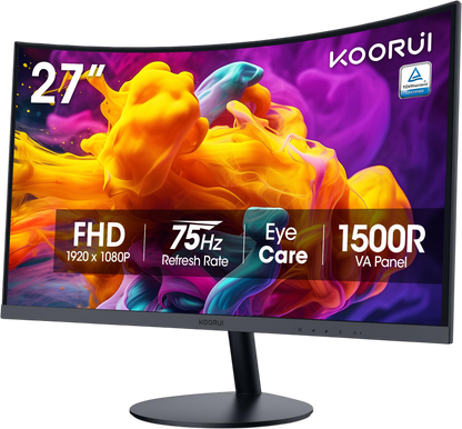 KOORUI 27 Inch Curved Monitor FHD 1080P 75Hz Computer Monitors, 1500R PC Screen with HDMI VGA, TÜV Rheinland Certified, Tilt Adjustable,1500R, Eye Care, Black, 27N5CA