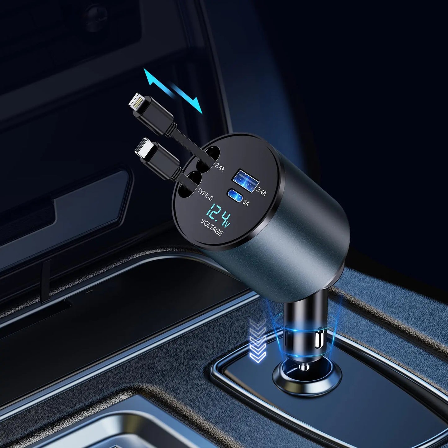 Retractable Car Charger, 4 in 1 Fast Car Phone Charger 66W