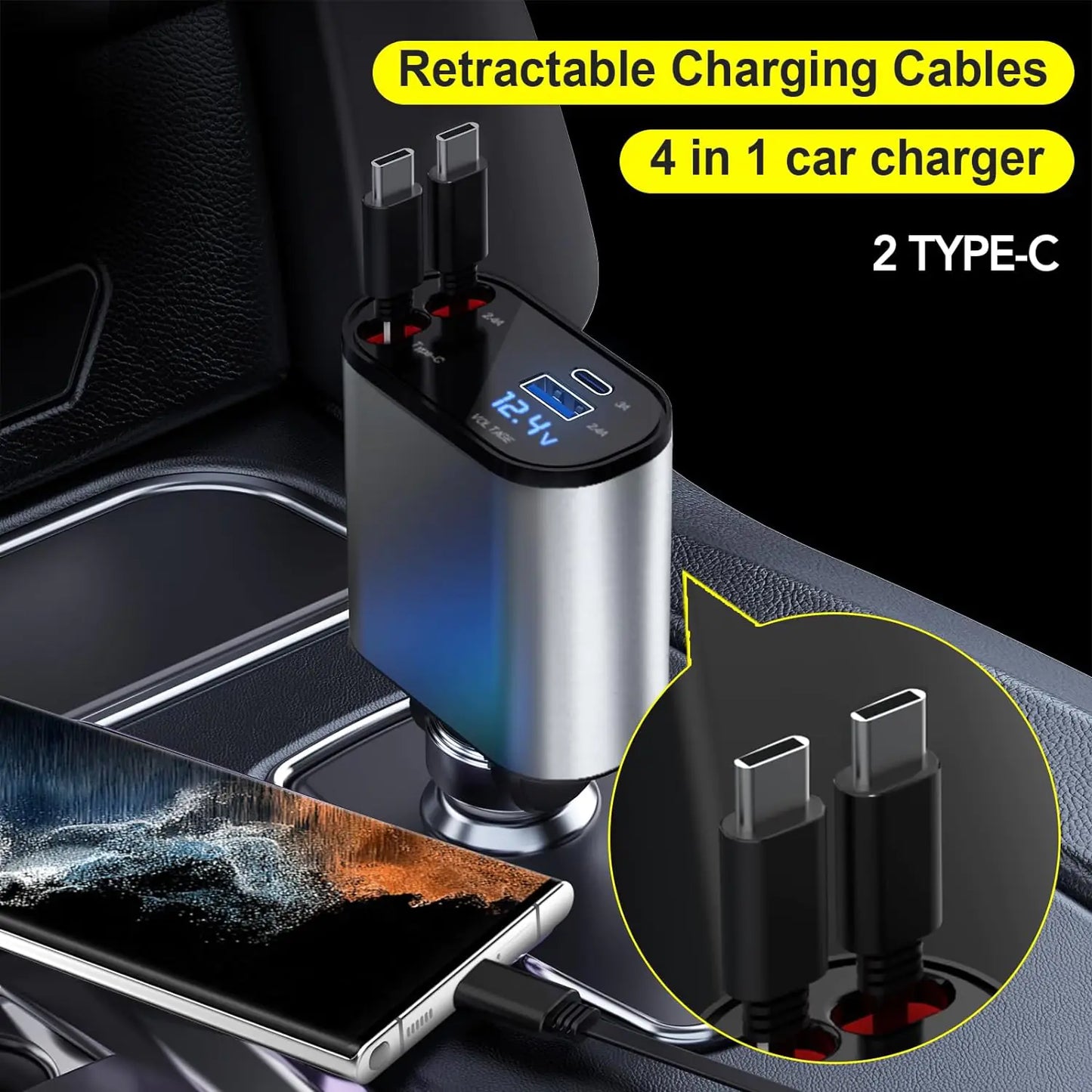 Retractable Car Charger, 4 in 1 Fast Car Phone Charger 66W